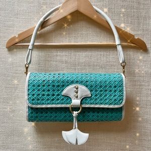 Inge Handbag in Turquoise Cane, White Leather and Linen